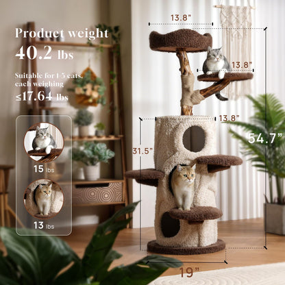 54.7'' Tall Modern Wood Cat Tree with 3 Level House, Luxury Cat Tower for Home Decoration, Large Cat Condo for Multi-Cat Families