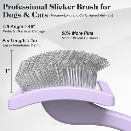 2PCS Slicker Brush for Dogs & Pet Comb,Professional Dog Grooming Brush (Goldendoodles,Poodles,Labradoodles) with Extra Long Pins to Effectively Remove Tangles, Knots and Mats (Light Purple)