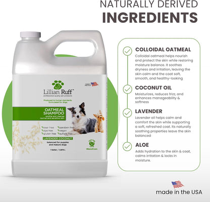 Lillian Ruff PRO Formula Deodorizing Oatmeal Dog Shampoo - Calms Itching & Allergies, Ultra-Nourishing Dry Skin Relief - Oatmeal, Aloe, Coconut Oil, Lavender & Provitamin B5 - Made in USA (Gallon)