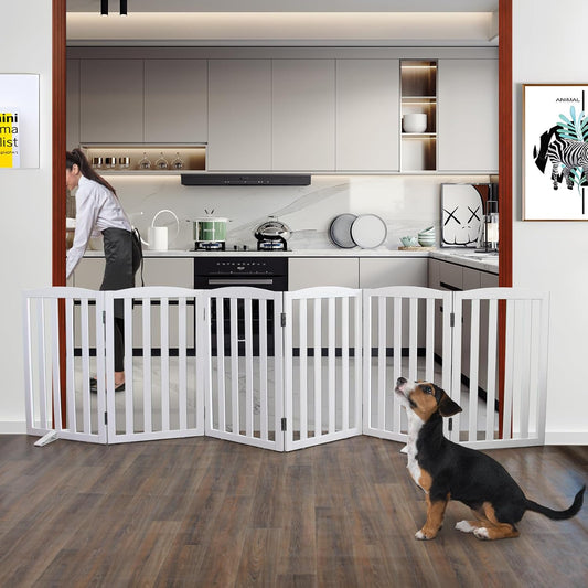ZJSF Foldable Freestanding Indoor Dog Gate for House Wood White Long Pet Gates Dog Fence for Stairs Puppy Gates for Hallways,Pet Fence, Puppy Gate,Support Feet Included 32 "Height-6 Panels