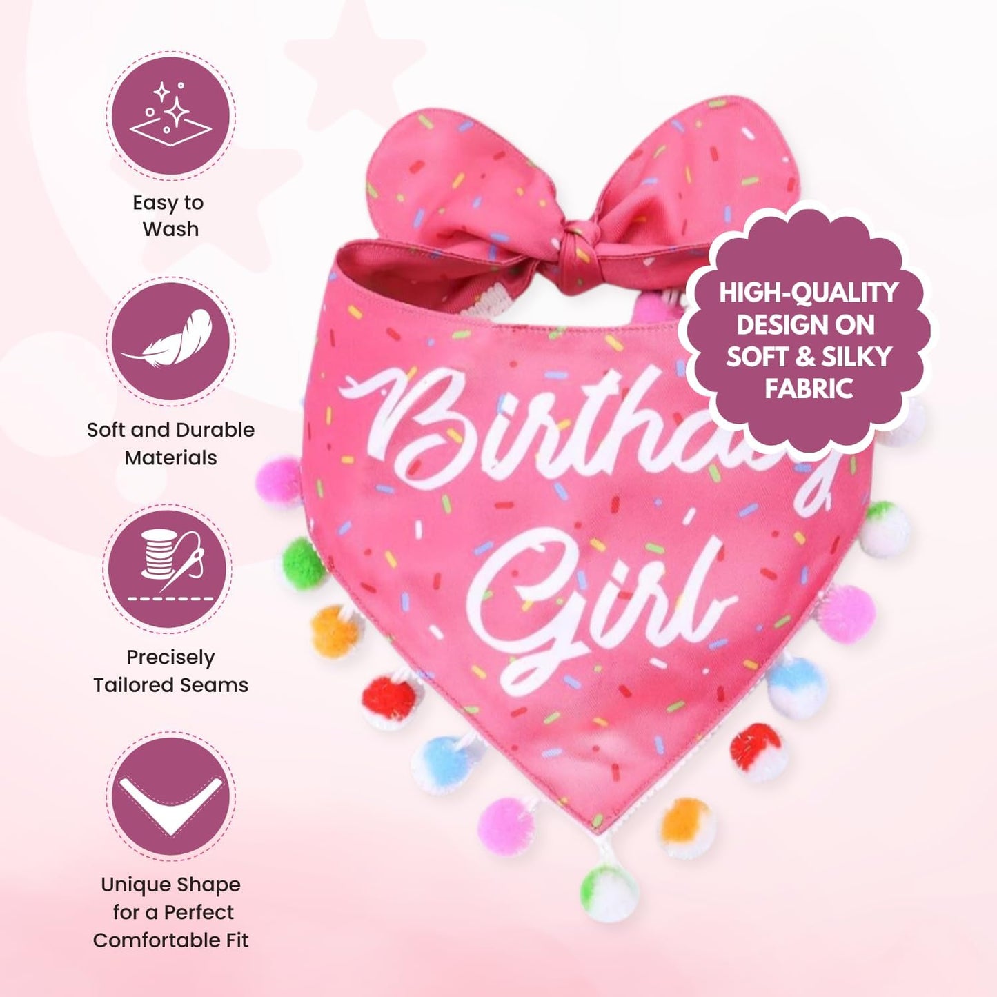 LunaMarie - Luxury Pet Birthday Bandanas -Premium & Silky Poly Fabric | 100% Handmade | Custom Shape Dual Layered (Birthday Girl, Small)