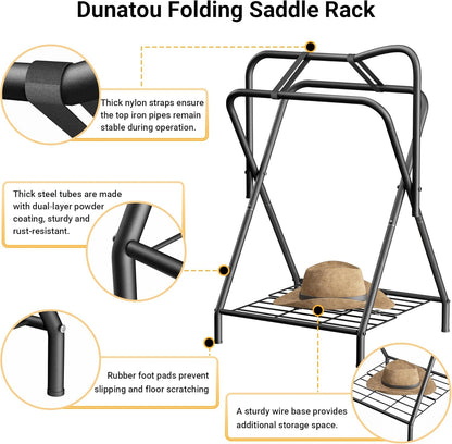 Dunatou Saddle Rack Freestanding Saddle Stand Foldable Horse Saddle Storage Rack Full Size Saddle Pad Rack Horse Blanket Holder Heavy Duty Saddle Holder for English and Western Horse Saddles, Black