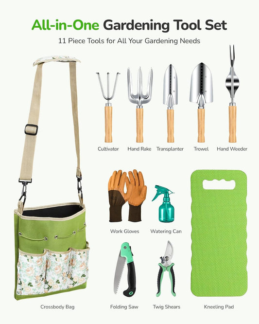 All-in-One Garden Tool Set, 11-Piece Heavy Duty Gardening Tools with Ergonomic Canvas Shoulder Crossbody Bag, Rust-Proof Premium Garden Tool Kit, Gardening Gift for Women Men, Green, GR003