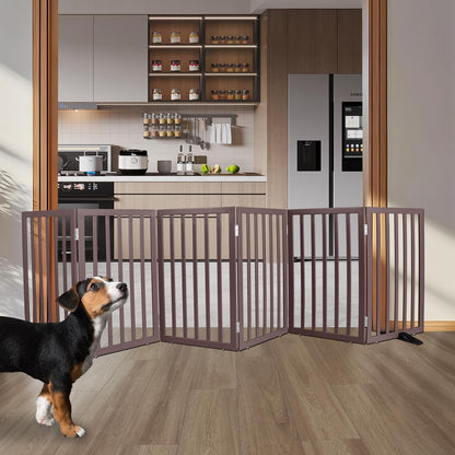 ZJSF Freestanding Indoor Dog Gate for House Foldable Wood Puppy Gate for Doorways Pet Gate for Stairs Extra Wide Pet Fence, Brown, 32" Height 6 Panels