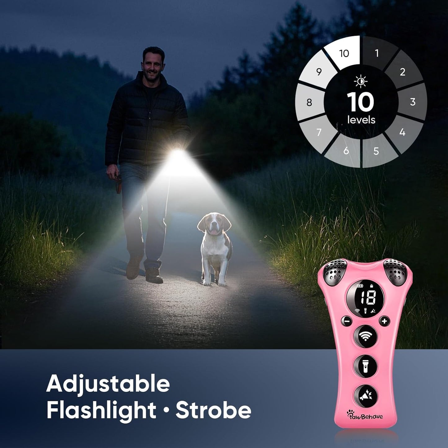 Ultrasonic Dog Bark Deterrent Device –10-Level Adjustable Anti Barking Trainer with Flashlight, Strobe, E-Clicker(18 Whistle Sounds)–No Shock, Collar-Free Dog Behavior Correction Devices