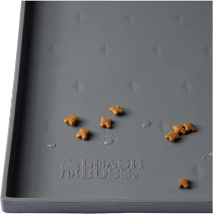Leash Boss Silicone Pet Feeding Mat with Raised Edge - 20" x 13" Grey - Waterproof Non-Slip Dog Bowl & Water Tray - Spill Containment Lip for Dogs & Cats - Placemats for Cats and Dogs Water Bowl