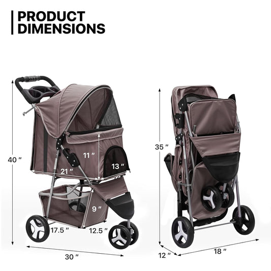 MoNiBloom Foldable Dog Strollers for Small Dogs with Weather Cover, 3 Wheels Pet Strolling Cart for Dogs and Cats with Storage Basket and Cup Holder, Breathable and Visible Mesh for All-Season, Coffee - Pawvie