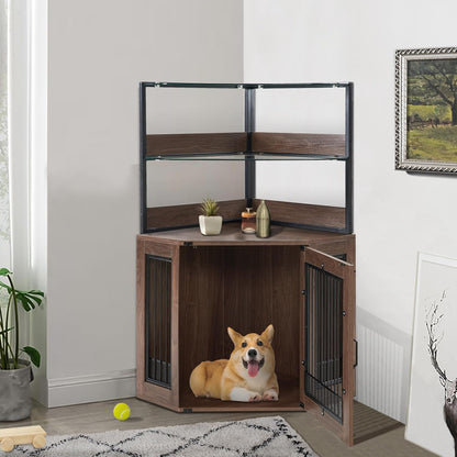 MCombo Small Corner Dog Crate Furniture with Glass Shelves, Wooden Dog Kennel Furniture with Door, Pet Crate Indoor Use, CN17 (Brown)