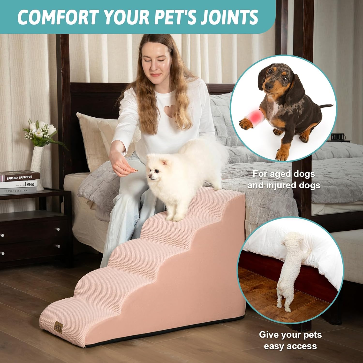 Dog Stairs for High Bed 22.6" H, Small Dog Step for Puppy, Older or Cat, Curved Ramp for Car, Ladder with High Density Foam, Lightweight, Durable, 15.7x33x22.6 inch, 5 Step, Pink - Pawvie