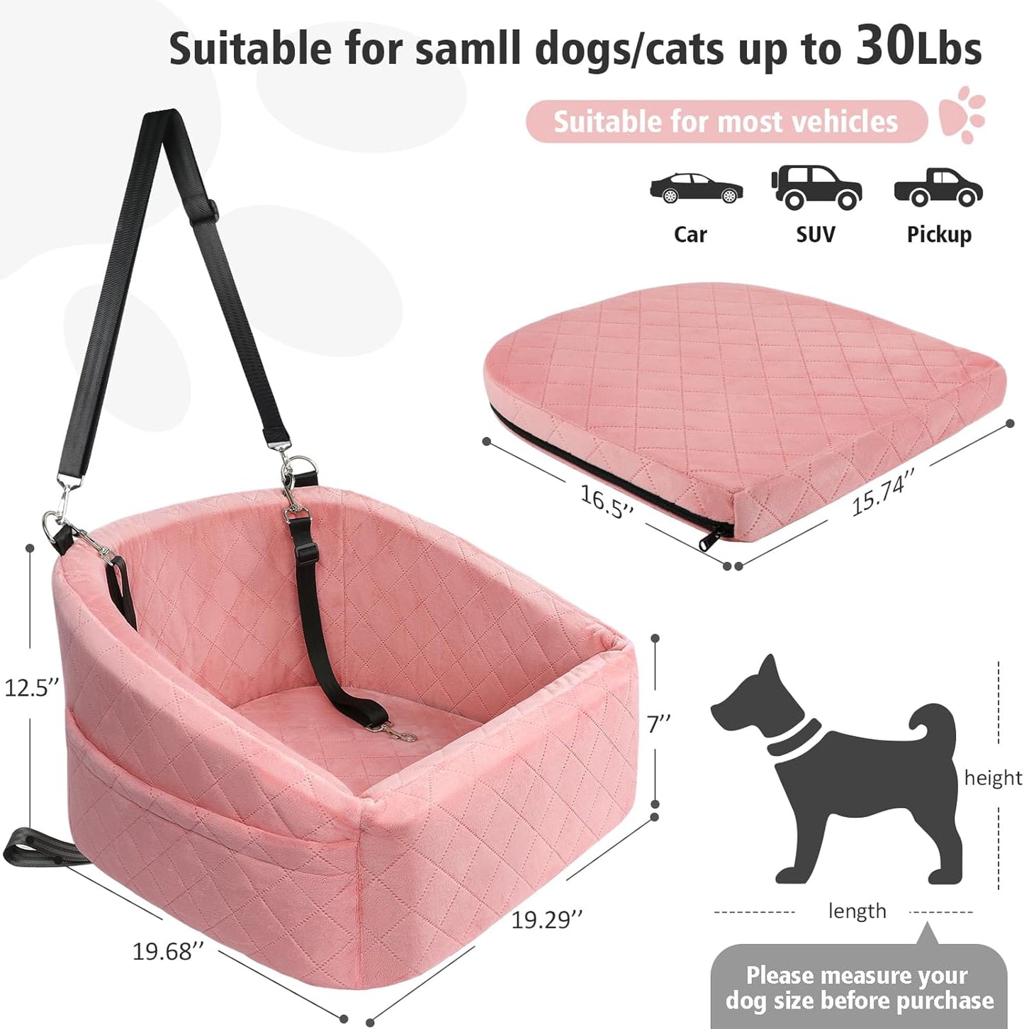 Dog Car Seat for Small Medium Dogs,Detachable Washable Dog Booster Seat Under 30lbs, Pet Car Seats Travel Bed with Storage Pockets and Safety Belt(Pink) - Pawvie