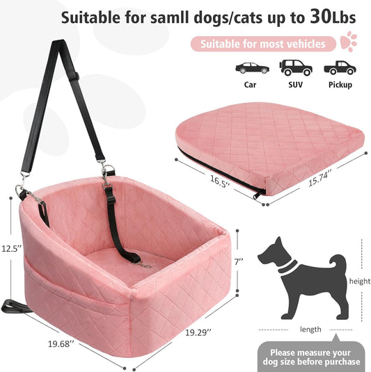 Dog Car Seat for Small Medium Dogs,Detachable Washable Dog Booster Seat Under 30lbs, Pet Car Seats Travel Bed with Storage Pockets and Safety Belt(Pink) - Pawvie