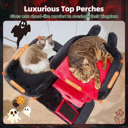 Taoqimiao Gothic Cat Tree 57.5-Inch, Cat Tower for Indoor Cats Large Adult, Large Cat Condo, 8 Sisal Scratching Posts, Metal Frame Cozy Hammock, Durable Scratch Board, 2 Perches, Black and Red MS026BR