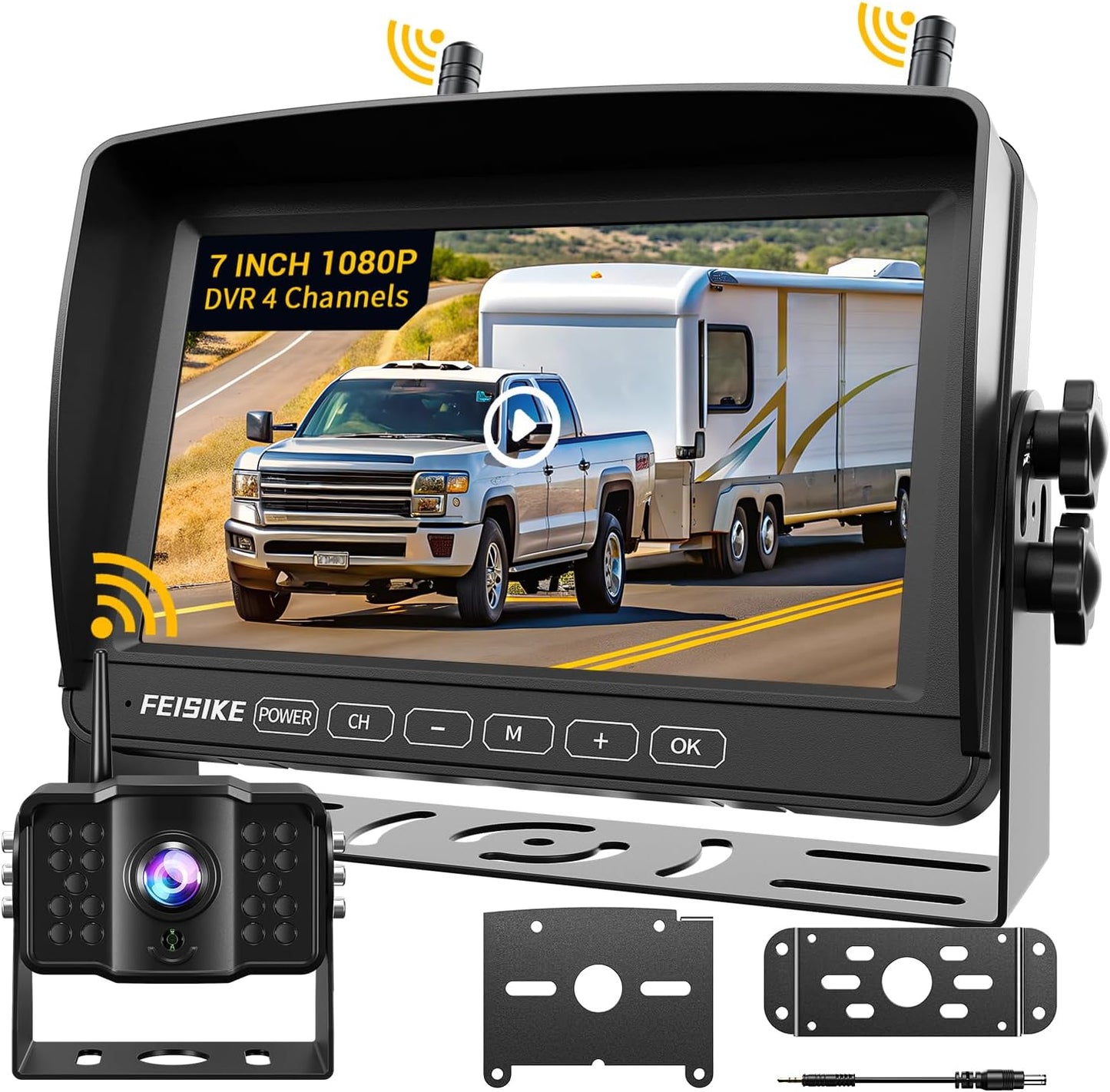 RV Backup Camera Wireless with 7" 1080P Monitor, for Furrion Pre-Wired RV, 4-Channel Split Screen System, Loop Recording, IR Night Vision, Wide Rear View Camera for Truck, Trailer, Camper