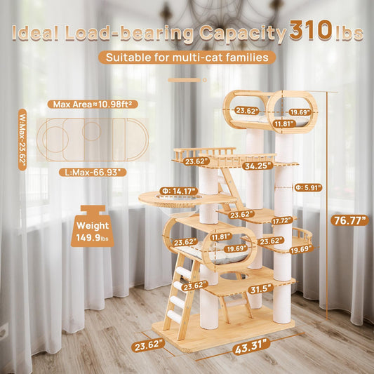 77‘’ Modern Cat Tree, Tall Wood Cat Tower for Indoor Cats Large Adult, Heavy Duty Cat Tree with Scratching Post, Luxury Kitty Condo, Sturdy Cat Furniture with 1 Transparent Bed and 3 Climb Labber