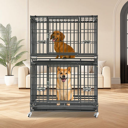 Homey Pet 37 Inch Heavy Duty Dog Crate Indestructible, Collapsible Dog Cage with Lockable Wheels, Removable Tray, High Anxiety Dog Kennel Indoor, Two Tiers Stackable Dog Crates for Medium Dogs