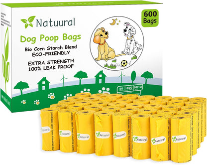 Dog Poop Bags Rolls-600 Counts, 40Rolls, Biodegradable Poop Bags Made of Cornstarch, 100% Leak Proof and Easy to Open (Yellow)