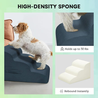 Dog Steps for Small Dogs, 3-Step Pet Ramp Stairs for High Beds and Sofa, Non-Slip Pet Stairs for Small Dogs and Cats, Removable and Easy to Clean Cover, Navy