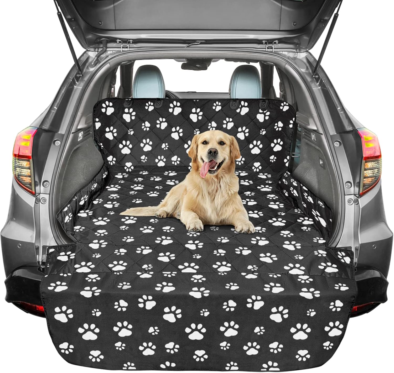 F-color SUV Cargo Liner for Dogs, Water Resistant Pet Cargo Cover Dog Seat Cover Mat for SUVs Sedans Vans with Bumper Flap Protector, Non-Slip, Large Size Universal Fit, Paw Print - Pawvie