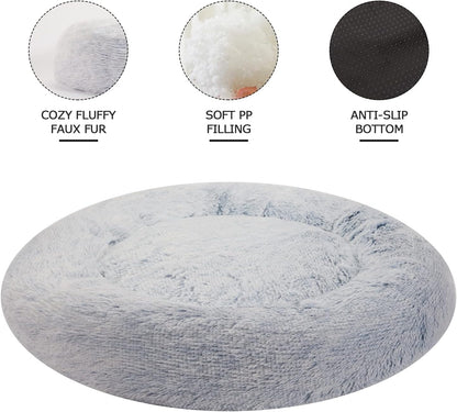 Bedfolks Calming Donut Dog Bed, 23 Inches Round Fluffy Dog Beds for Small Dogs, Machine Washable Anti-Anxiety Plush Puppy Bed（Light Blue, Small）