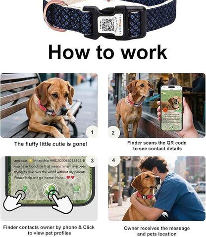 WhoseID Dog Collar with Waterproof AirTag Holder & Anti-Lost QR Code, Cute Bling Warpping Adjustable Width for Small Medium Large Pet (Blue, L)