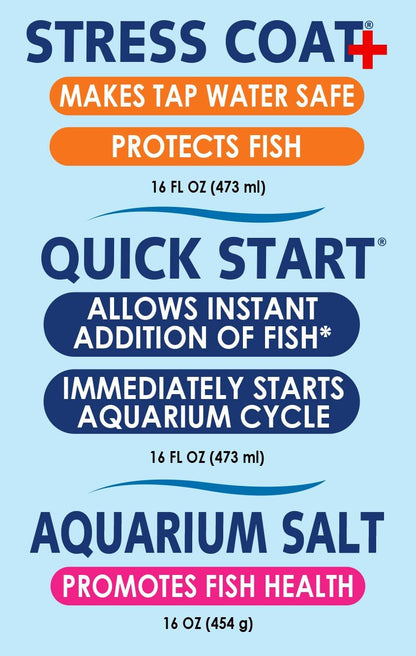 API Aquarium Starter Bundle Pack: One (1) API Quick Start 16 oz., one (1) API Stress Coat 16 oz., one (1) API Aquarium Salt 16 oz.