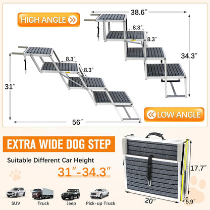 Reflective 20" Wide Dog Car Ramp, 4-Step Aluminum Stairs with Non-Slip Carpet - Foldable Design for Trucks/SUVs/Beds - Heavy Duty 200Lbs Capacity for Large Breeds - Pawvie