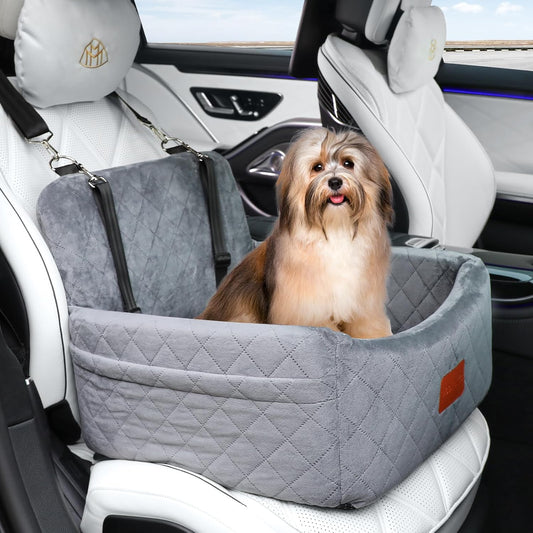 Dog Car Seat for Small Dogs Under 30lbs,Comfy & Safe Travel Bed with Washable Cover,2 Clip-On Safety Leashes and Pockets,Anti-Slip Base,Easy to Install(Grey) - Pawvie