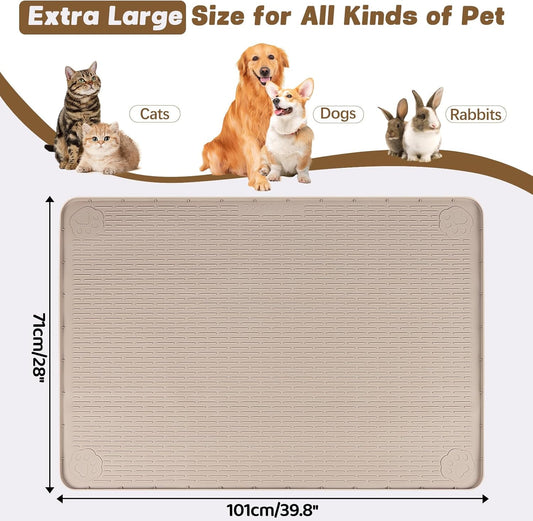 Cat Food Mat, 40" x 28" Extra Large Silicone Pet Feeding Mat with Raised Edge Pet Placemat for Food and Water Bowl Non-Slip, Easy to Clean, Floor Protection (Khaki)