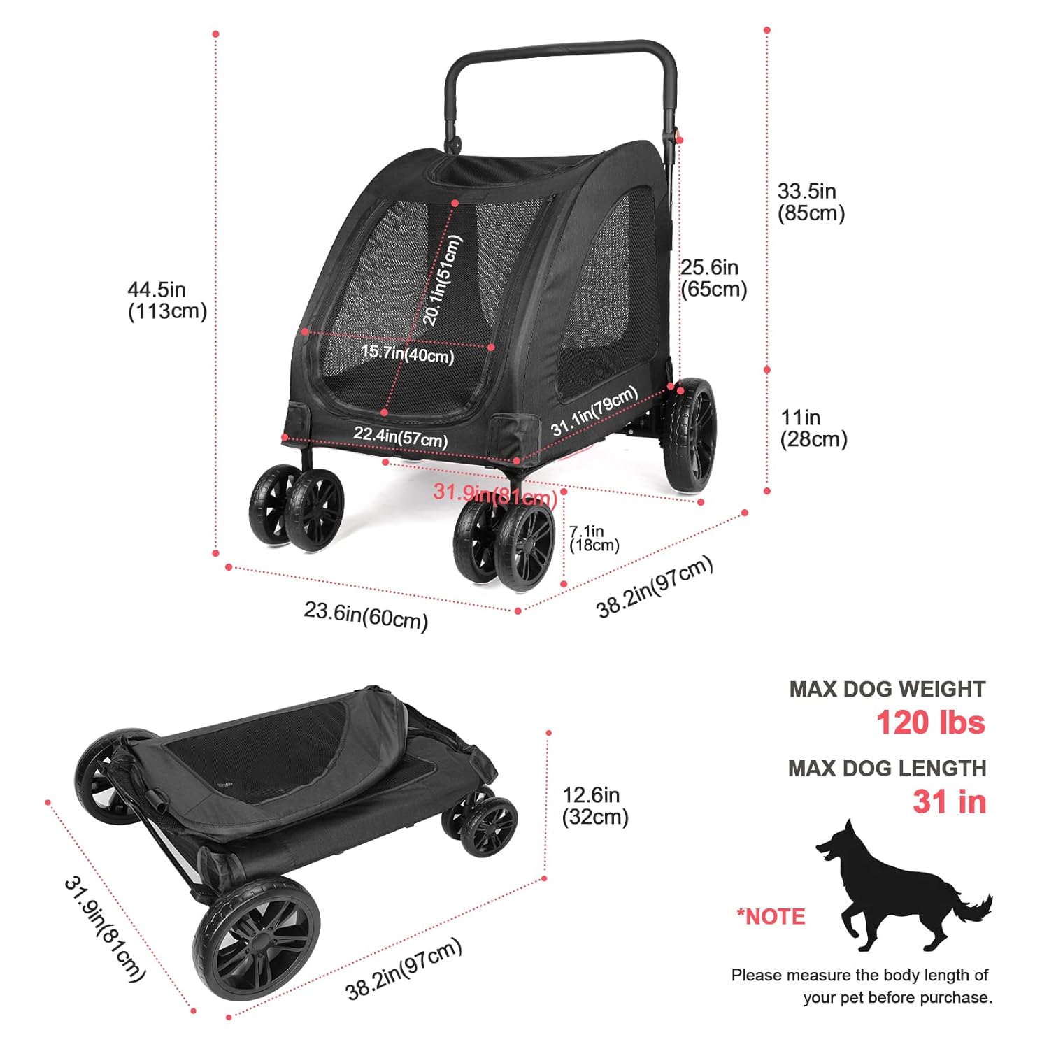 Large Dog Travel Stroller with 4 Heavy Duty Wheels Pet Stroller with Adjustable Handle - Double Doggie Capacity Jogger Wagon with Back Front Door for Small Medium Large Dogs (Black 1) - Pawvie
