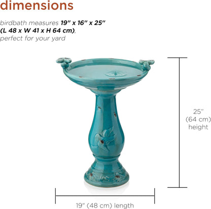Alpine Corporation 25" Tall Outdoor Ceramic Antique Pedestal Birdbath with 2 Bird Figurines, Turquoise