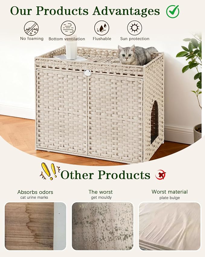 Cat Litter Box Enclosure Furniture, Hidden Litter Box, Cat Litter Box Cabinet with 2 Litter Mats, Handwoven Rattan Large Space Cat House Indoor, Living Room, Bedroom, Apartment Light Khaki