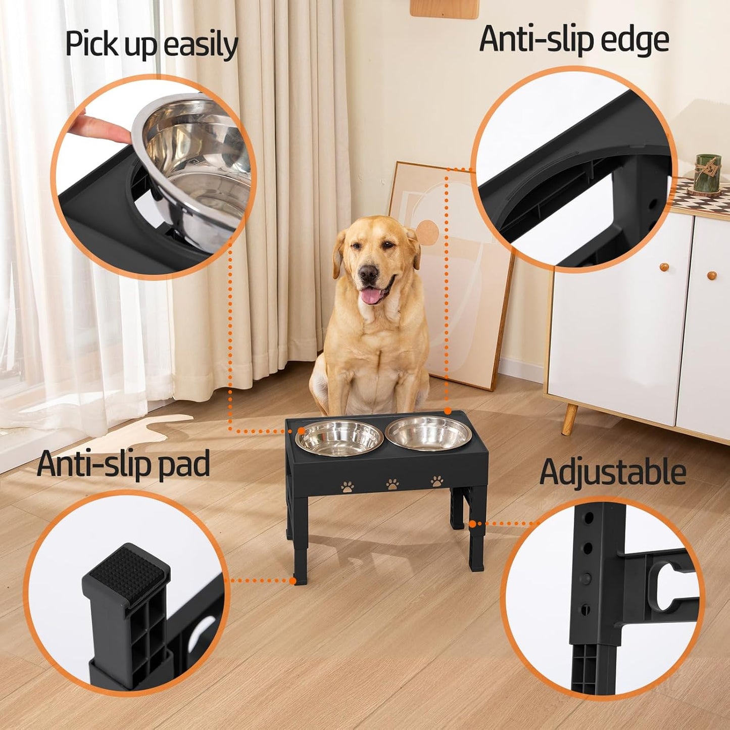 Elevated Dog Bowls with 2 Stainless Steel Bowls, Raised Dog Food Bowl Stand 5 Height Adjustable (3.1", 9", 10", 11", 12") Non-Slip Feeder Station Set for Medium and Large Dogs - Black