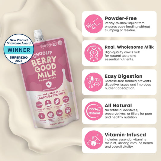 Berry Good Milk is a Lactose-Free, Vitamin-Infused Drink for Cats and Dogs. It Supports Urinary Health, Digestion, and Joint Function. Free from antibiotics, Grains, and Gluten.