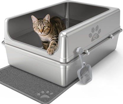 Enclosed Stainless Steel Cat Litter Box with Lid, Oversize Metal Litter Box for Multi Cats, Extra XXL Cat Toilet with High Side, Non-Stick, Anti-Leakage, Odorless, with Cat Litter Mat & Litter Scoop