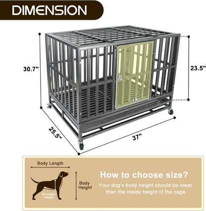 Confote 37 Inch Heavy Duty Dog Crate Metal Cage Kennel, High Anxiety Pet Cage with Lockable Wheels & Double Doors for Small Dogs