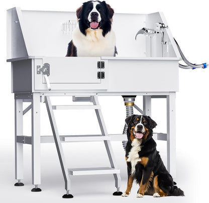38" Dog Washing Station, Professional Stainless Steel Dog Bathing Station Dog Bathtub for Large & Medium Dog, Height Adjustable Dog Grooming Tub with Storage Basket, Movable Stair (Left Stair)
