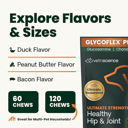 VetriScience Ultimate Strength Healthy Hip & Joint Chews, GlycoFlex Glucosamine, Chondroitin & GreenLipped Mussel Support Supplement for Dogs, Soothe Joint Discomfort, Duck,120 Ct (Pack of 2)