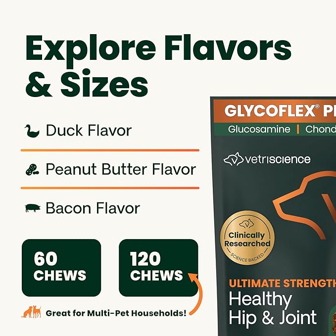 VetriScience GlycoFlex Ultimate Strength Healthy Hip and Joint – Mobility Supplement with Glucosamine for Dogs, MSM & Green Lipped Mussel, Peanut Butter, 60 Count