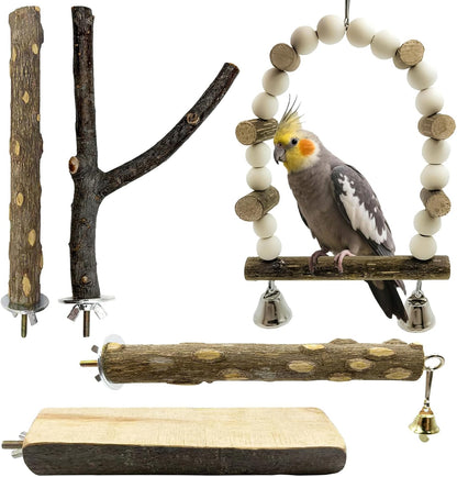 5Pcs Natural Wooden Bird Perch Set – Parrot Perch Toys, Wooden Perch Swing, Cage Accessories for Budgies, Cockatiels, Lovebirds, Finches, and Other Small to Medium Birds