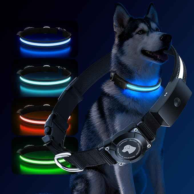 LED AirTag Dog Collar - Brightest Light Up Dog Collars - IP68 Waterproof Air Tag Dog Collar Holder - 1,600 Feet of High Visibility - Magnetic Charging - Dog Lights for Night Walking, Black M