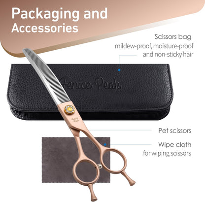 Fenice Peak Professional Curved Thinner Dog Grooming Scissors 7.0'' Rose Gold Thinning Shears Extremely Sharp Blades 440C Stainless Steel Thinning Shears Durable Smooth Fine Cut for Dogs and Cats.