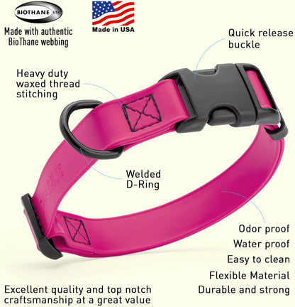 Dogline Biothane Waterproof Dog Collar with Quick Release Buckle Strong Coated Nylon Webbing with Odor- Proof for Easy Care Easy to Clean Fits Small Medium Large Dogs, Magenta Pink 1" W 15-23" L