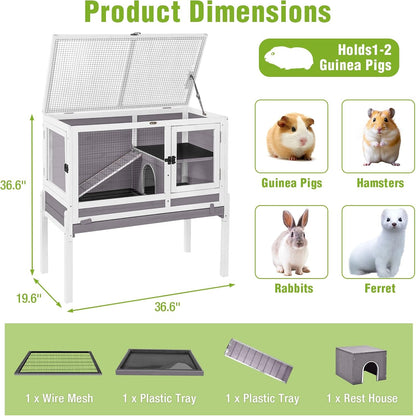 GUTINNEEN Indoor Guinea Pig Cage Rabbit Hutch with Chew-Proof Ramp, 2-Story Wooden Bunny House with Pull-Out Trays & Leakproof PVC Layer, Small Animal Cages with Detachable Legs (Gray)