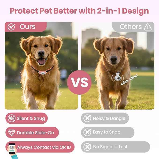 for Airtag Dog Collar Holder with QR ID Tag, Glow in the Dark, Fluorescent Waterproof Silicone for Airtag Case for Dog Collars, Scan for Instant Alert, Emergency Contact, Pet Profile (Pink)