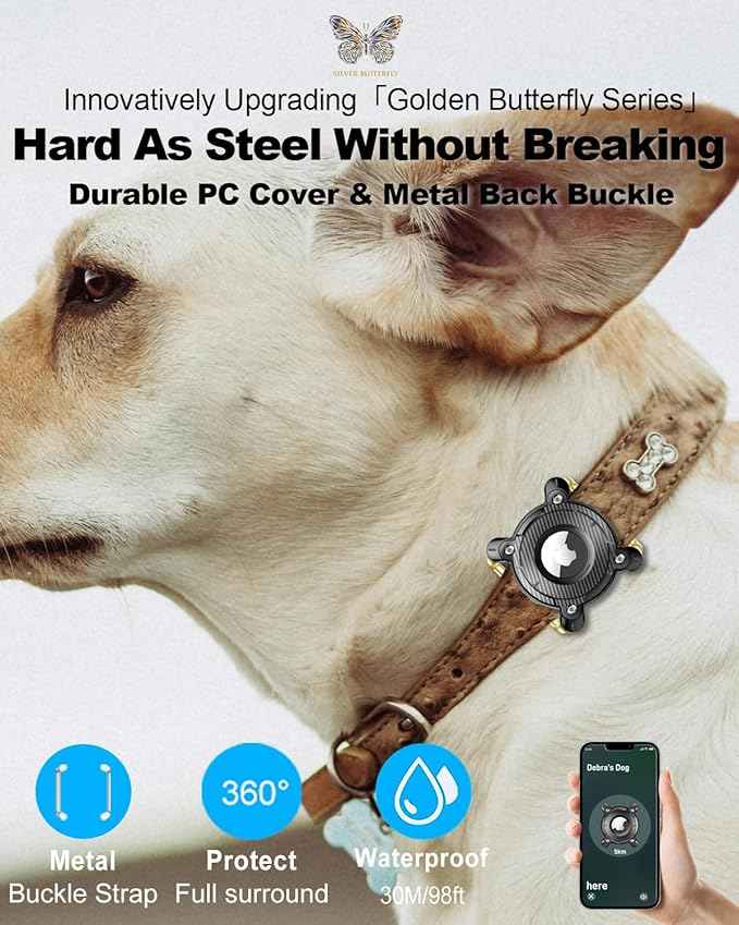 Airtag Dog Collar Holder, IPX8 Waterproof, Removable Metal Buckle Strap - Ultralight Hard TPU, Compatible With Apple AirTag, Black 1 Pack