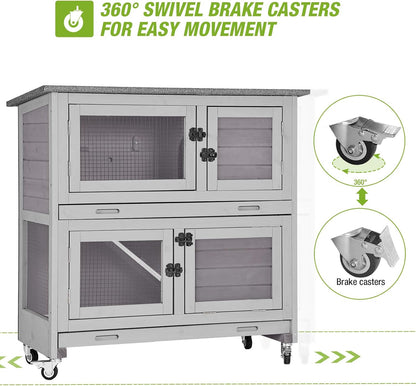 Gutinneen 2-Story Rabbit Hutch with Chew-Proof Ramp, 36" Indoor/Outdoor Rabbit Cage with 4 Casters & 2 Pull-Out Trays, Wooden Bunny Hutch Leakproof Small Animal Cage for Rabbits, Guinea Pigs