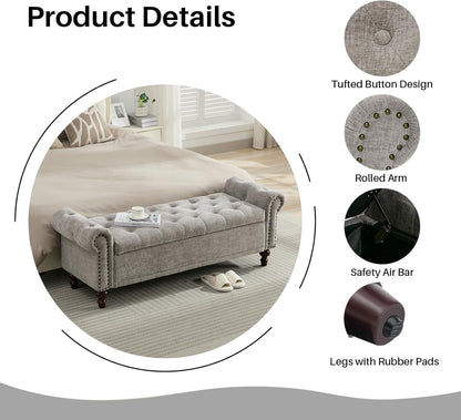 58.1'' Storage Bench Upholstered Chenille End of Bedroom Bed Bench Ottoman with Tufted Cushioned Rolled Arm Large Storage Space for Reading Living Room Entryway, Light Grey