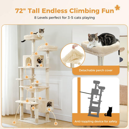 PAWZ Road Large Cat Tree, 72 Inches Cat Tower for Large Cats, Cat Condo with Sisal-Covered Scratching Posts and Pads, 2 Padded Perch, Dual Condo and Basket for Indoor Cats-Beige