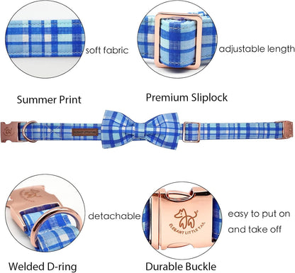 Elegant little tail Dog Collar with Bow - Blue Plaid Boy Dog Collar Cute Bowtie Pet Collar Adjustable Dog Collar for Medium Dog