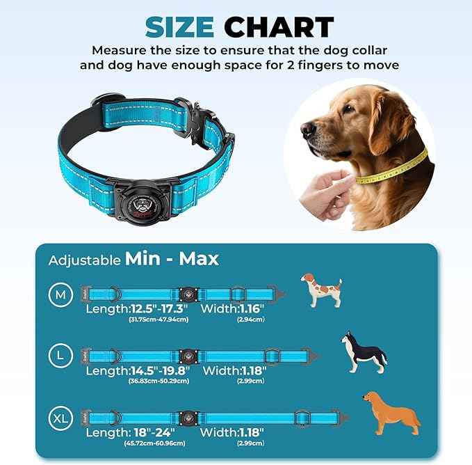 2026 Upgrade Airtag Dog Collar, Reflective Dog Collar with Airtag Holder, IP68 Waterproof| Metal Buckle| Ultra-Durable| Comfortable Padded, GPS Dog Collars for Medium Large Dogs (Blue,L)